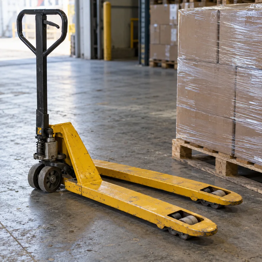 AI-generated illustrative close-up of a manual pallet jack beside wrapped freight