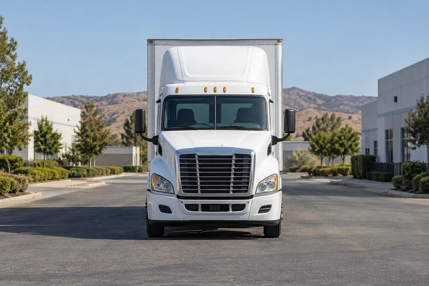 Illustrative AI-generated head-on view of a white American semi-truck on a Southern California industrial driveway