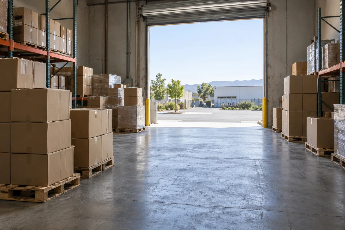 Illustrative AI-generated warehouse interior facing an open loading bay with palletized cartons